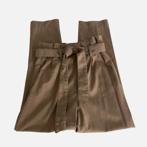 H&M Women’s Pants Trousers Paper Bag Pleated Waist Tie Size 2 Beige - Picture 3 of 8